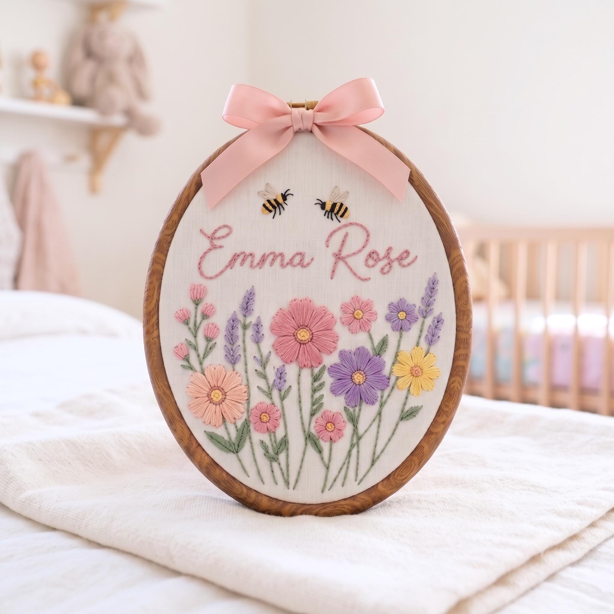 Personalized Wildflower Embroidered Baby Name Hoop, Custom Lavender Nursery Wall Decor, Floral Baby Name Sign, Baby Shower Gift,Newborn Gift
