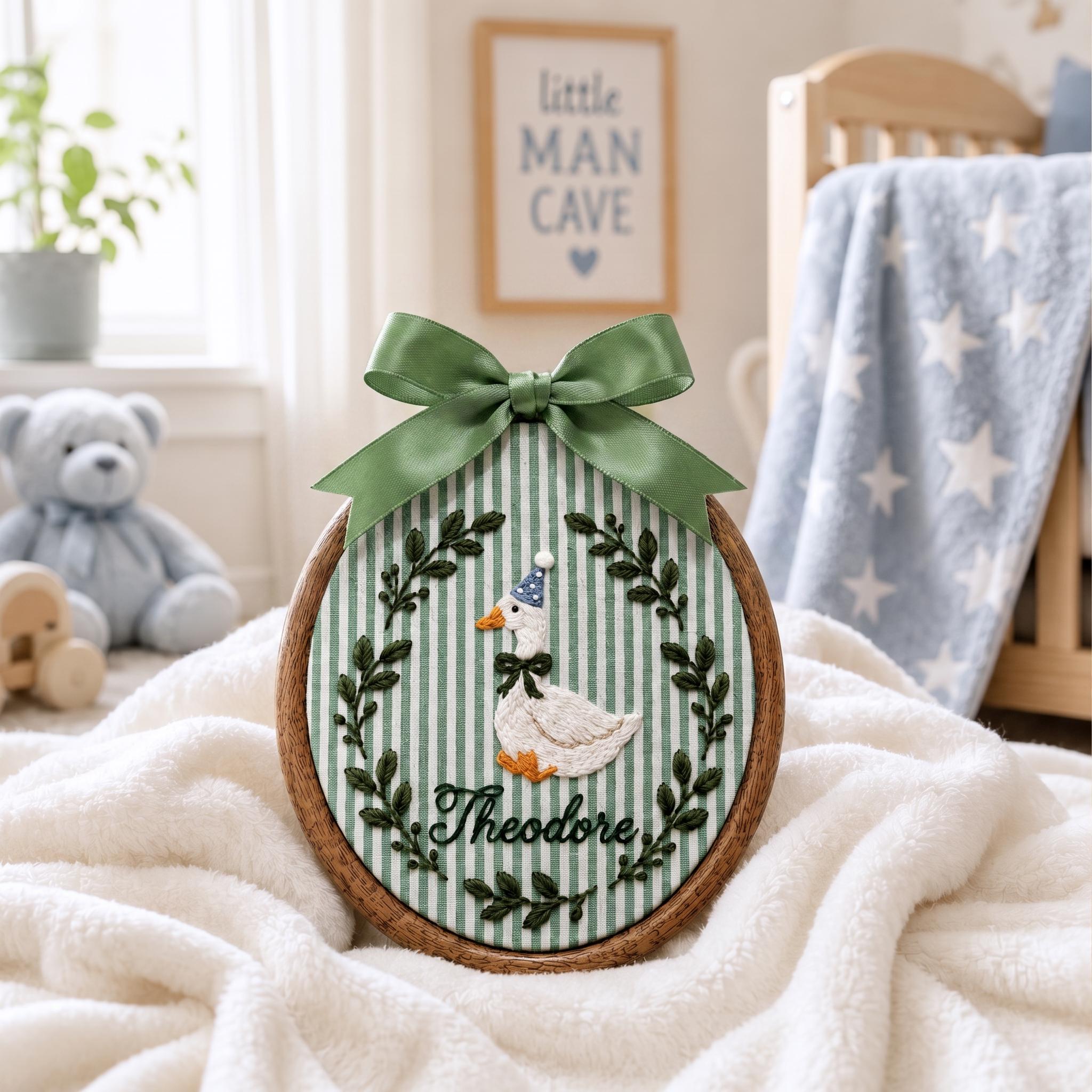 Custom Embroidered Baby Name Sign, Gender Neutral Baby Announcement, Goose Nursery Decor
