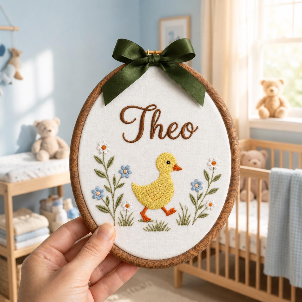 Custom Duck Embroidered Baby Name Sign, Duckling Nursery Wall Decor, Baby Name Sign, Baby Shower Gift, Nursery Decor, Newborn Keepsake