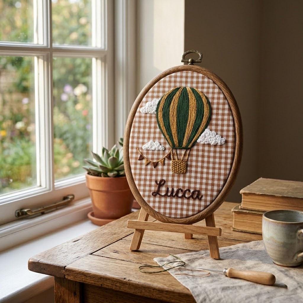 Personalized Hot Air Balloon Embroidery Hoop Art: Custom Name Nursery Decor