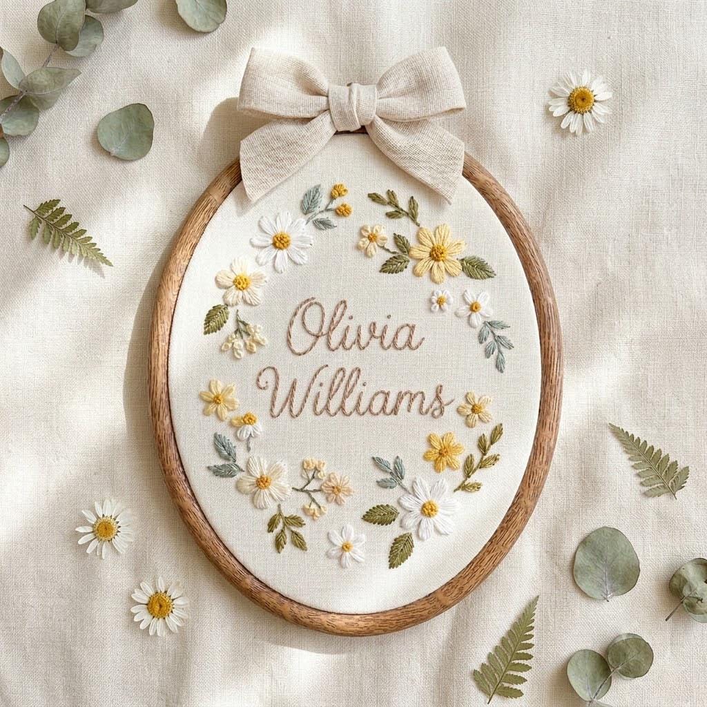 Personalized Floral Embroidery Hoop, Custom Name Embroidered Hoop Art, Sunflower Nursery Decor, Baby Shower Gift for Girl