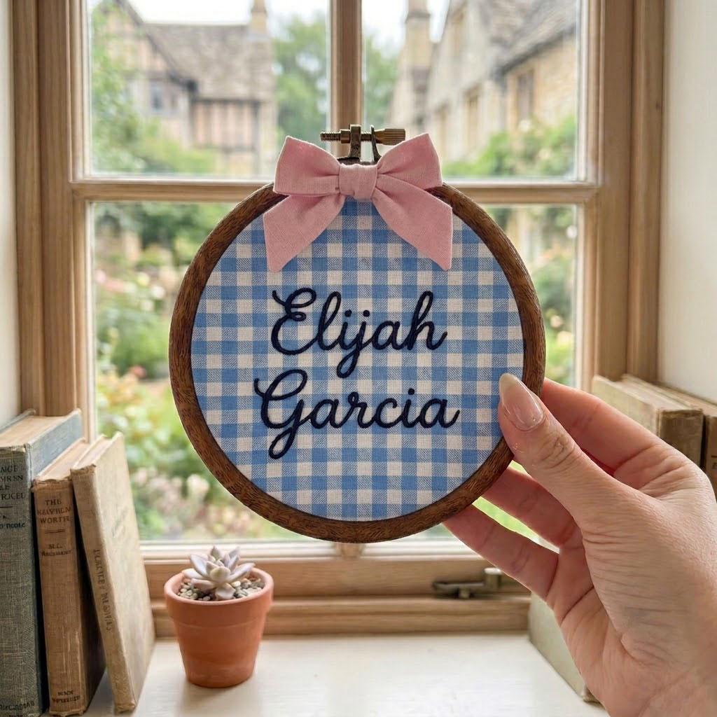 Personalized Baby Name Embroidery Hoop, Custom Gingham Nursery Wall Art, Embroidered Name Sign, Baby Shower Gift, Nursery Decor