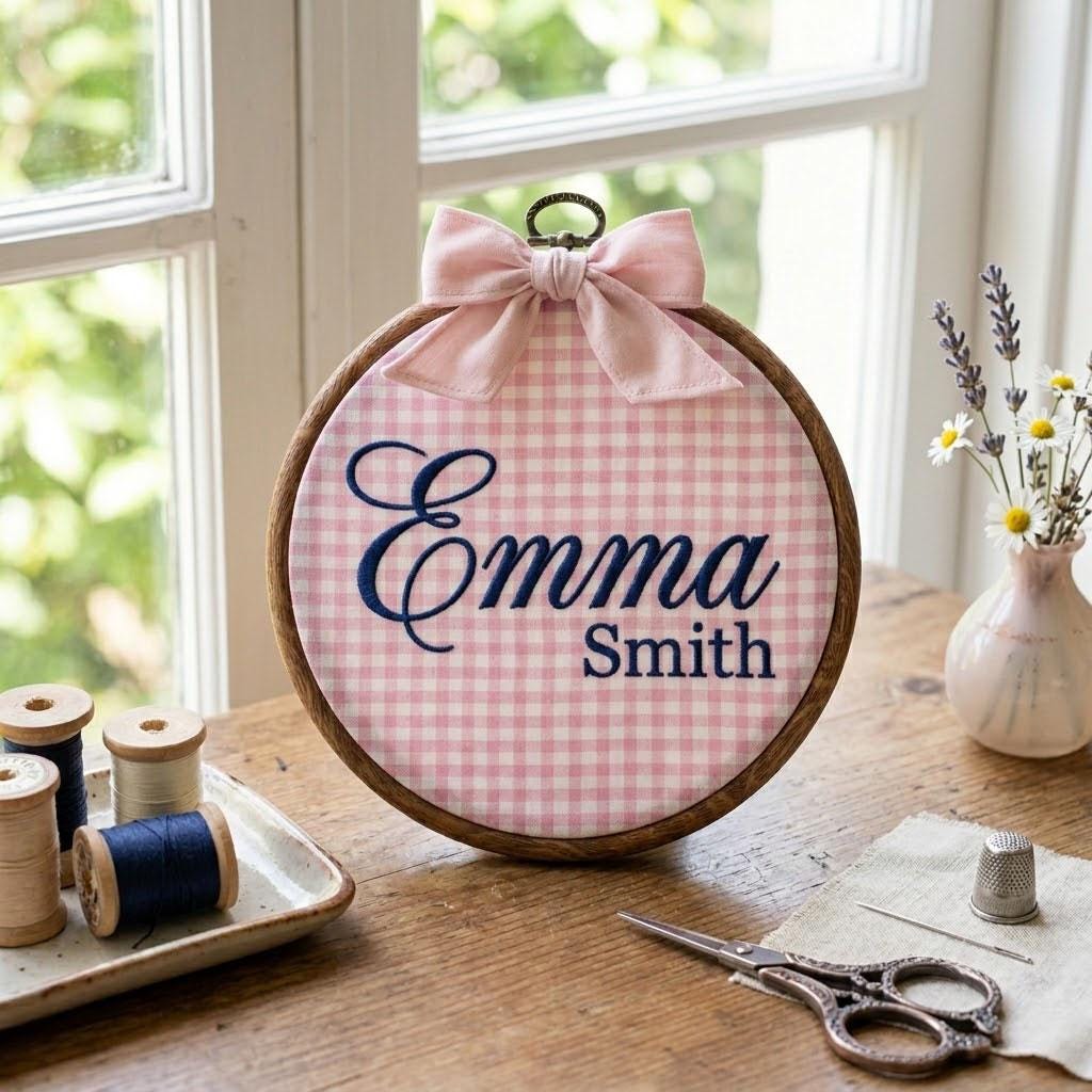 Personalized Baby Name Embroidery Hoop, Custom Gingham Nursery Wall Art, Embroidered Name Sign, Baby Shower Gift, Nursery Decor