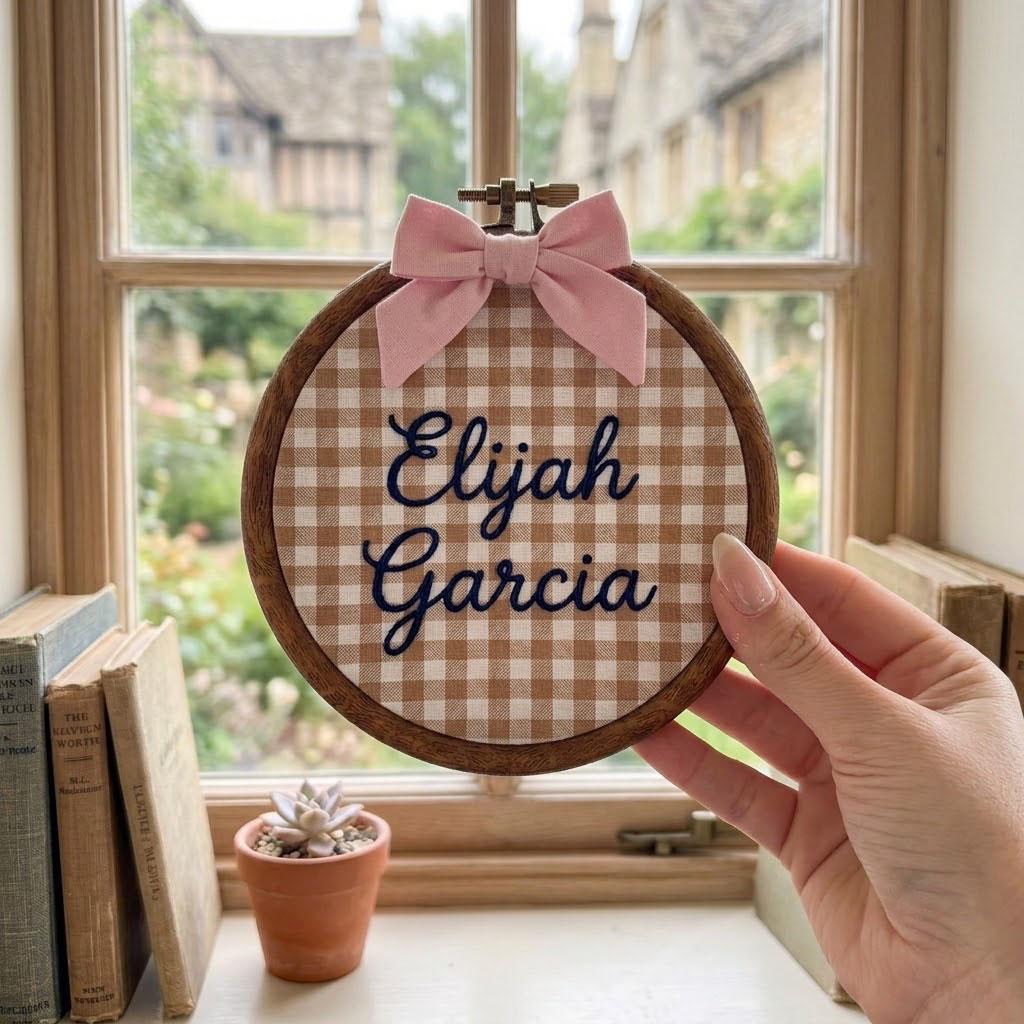 Personalized Baby Name Embroidery Hoop, Custom Gingham Nursery Wall Art, Embroidered Name Sign, Baby Shower Gift, Nursery Decor