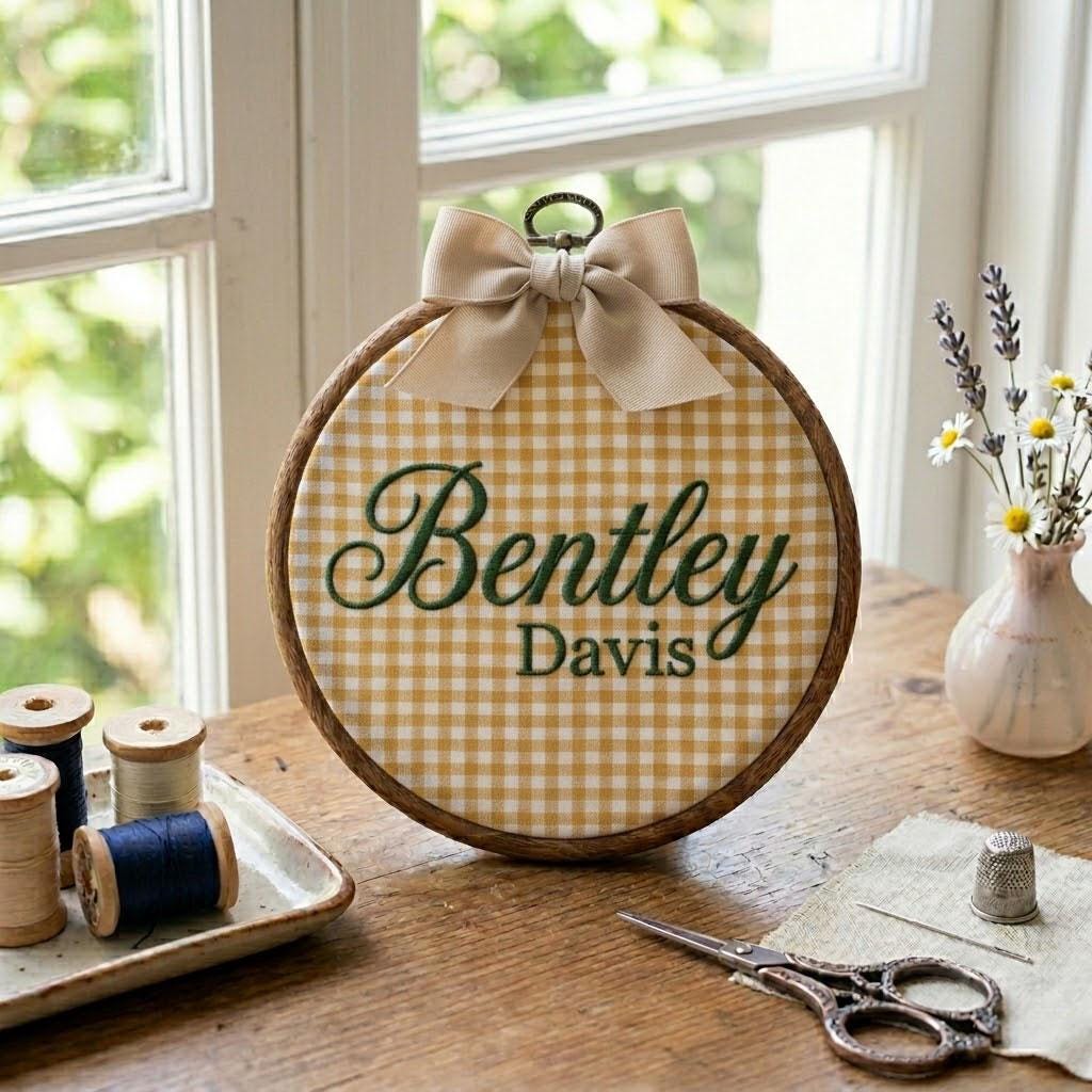 Personalized Baby Name Embroidery Hoop, Custom Gingham Nursery Wall Art, Embroidered Name Sign, Baby Shower Gift, Nursery Decor