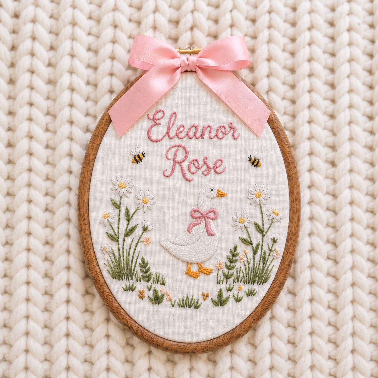 Embroidered Personalized Goose Embroidery Name Hoop, Custom Baby Nursery Wall Decor, Floral Duck Sign, New Baby Gift