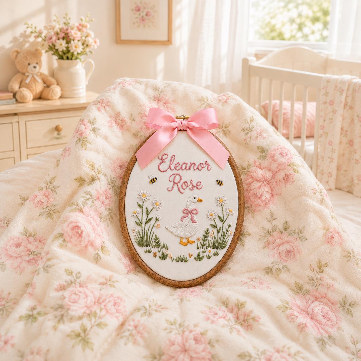Embroidered Personalized Goose Embroidery Name Hoop, Custom Baby Nursery Wall Decor, Floral Duck Sign, New Baby Gift