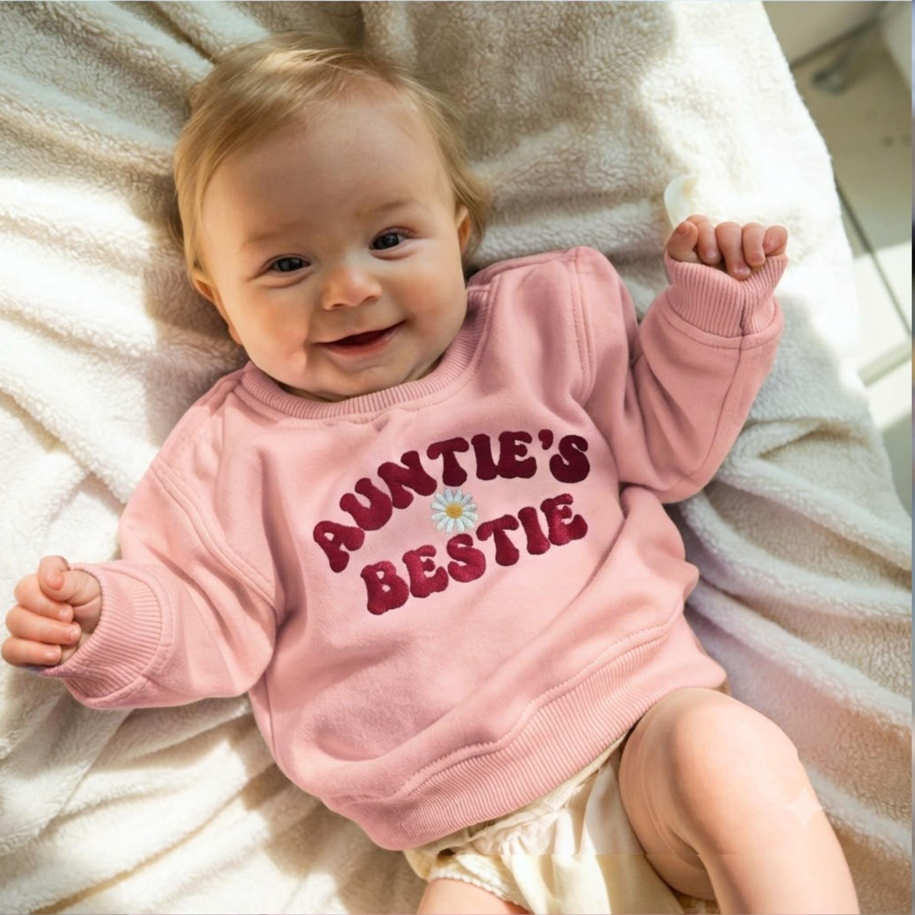 Embroidered Auntie's Bestie Baby Sweatshirt, Cute Baby Shower Shirts, Funny Baby Sweatshirt, Embroidery Auntie Kid Shirts, Gift from Aunt
