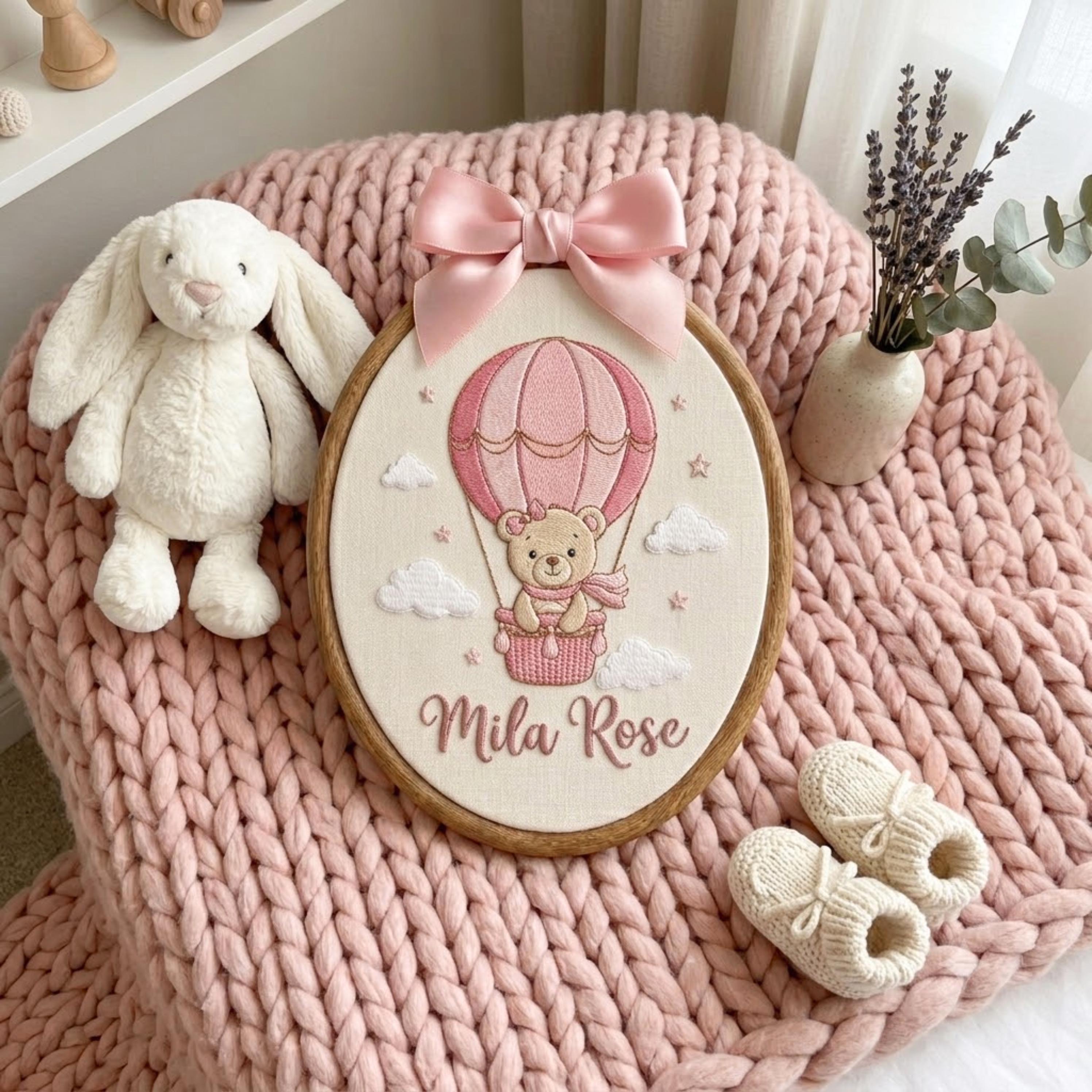 Personalized Baby Girl Bear With Hot Air Balloon Name Sign, Cute Gingham Wall Art, Baby Girl Announcement, Baby Shower Gift