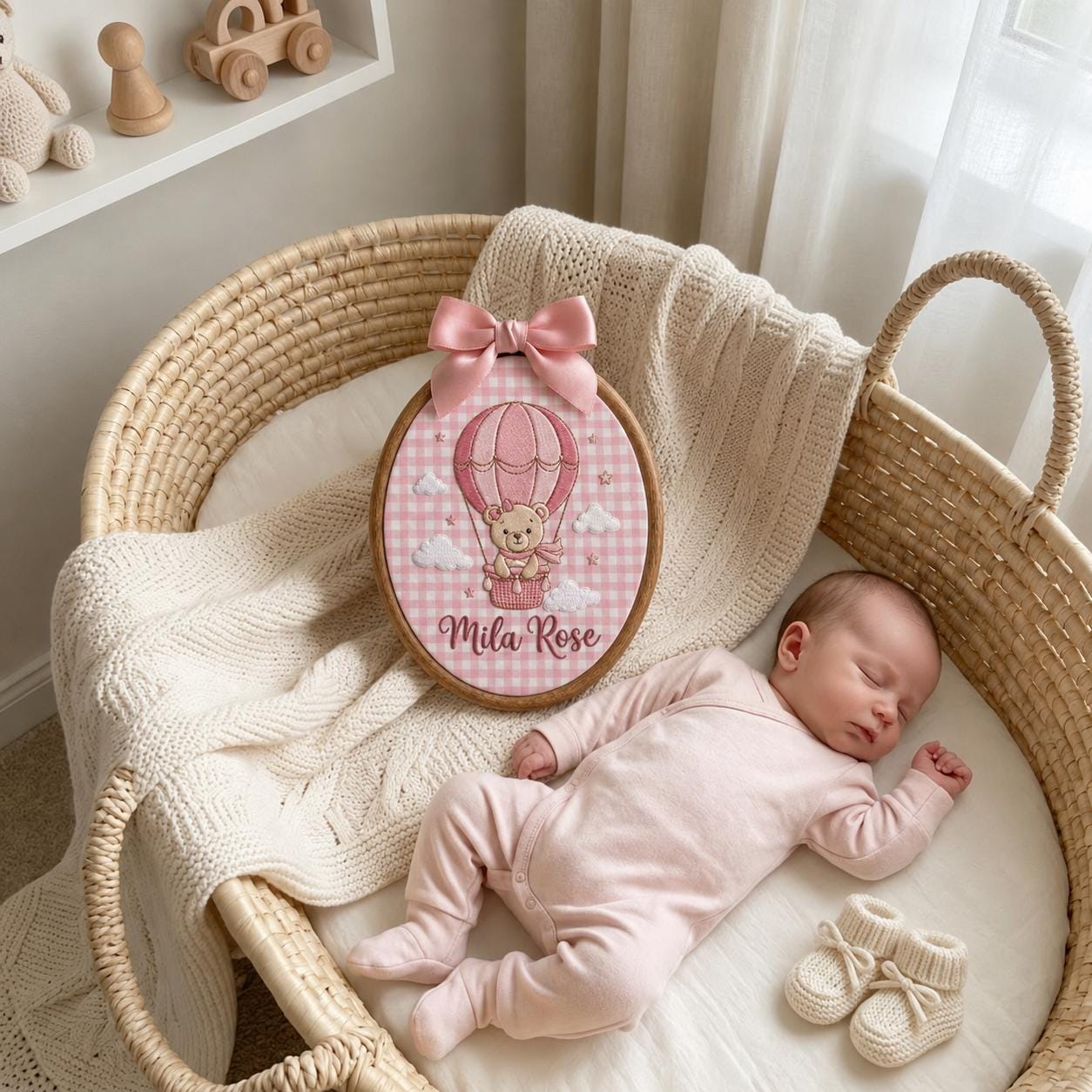 Personalized Baby Girl Bear With Hot Air Balloon Name Sign, Cute Gingham Wall Art, Baby Girl Announcement, Baby Shower Gift