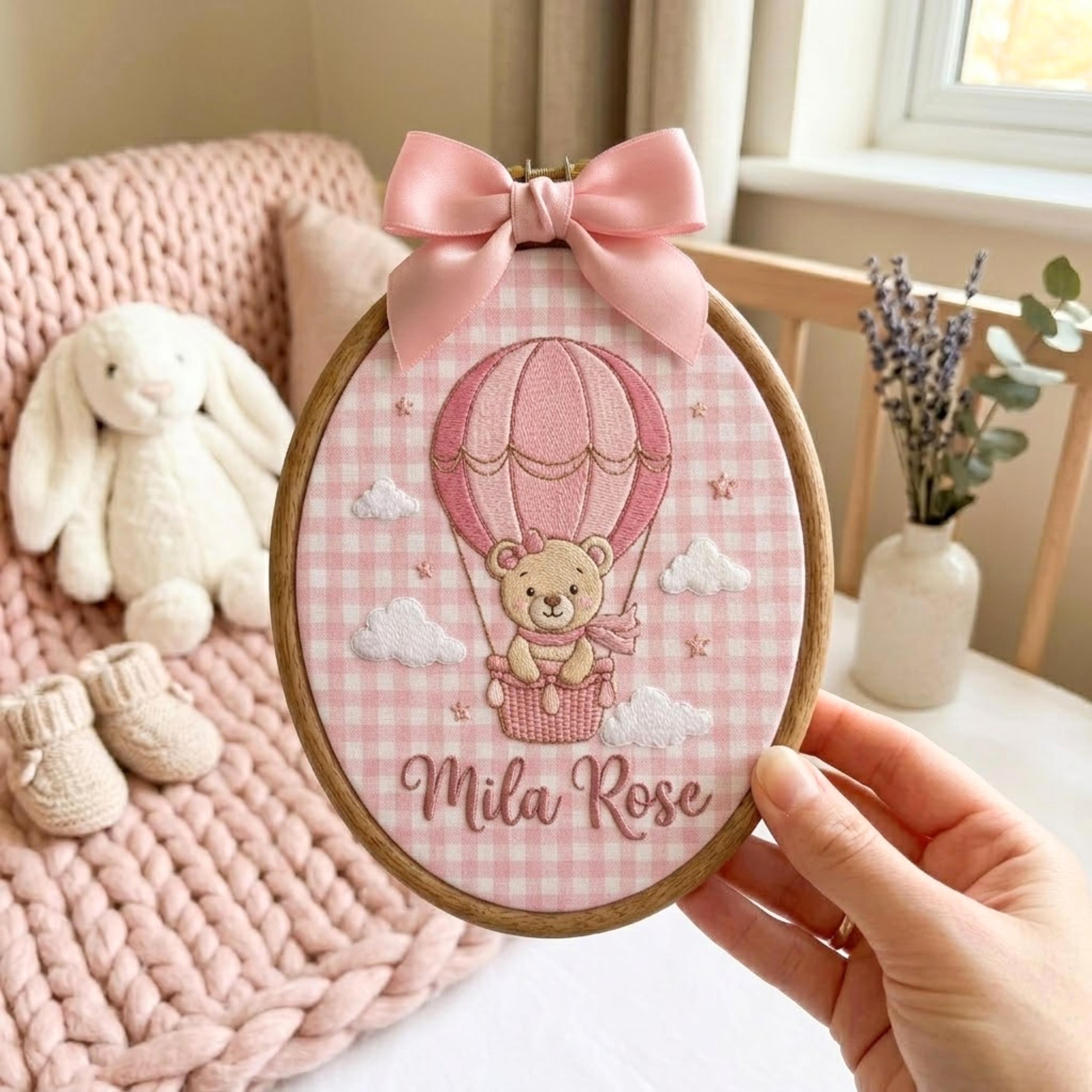 Personalized Baby Girl Bear With Hot Air Balloon Name Sign, Cute Gingham Wall Art, Baby Girl Announcement, Baby Shower Gift