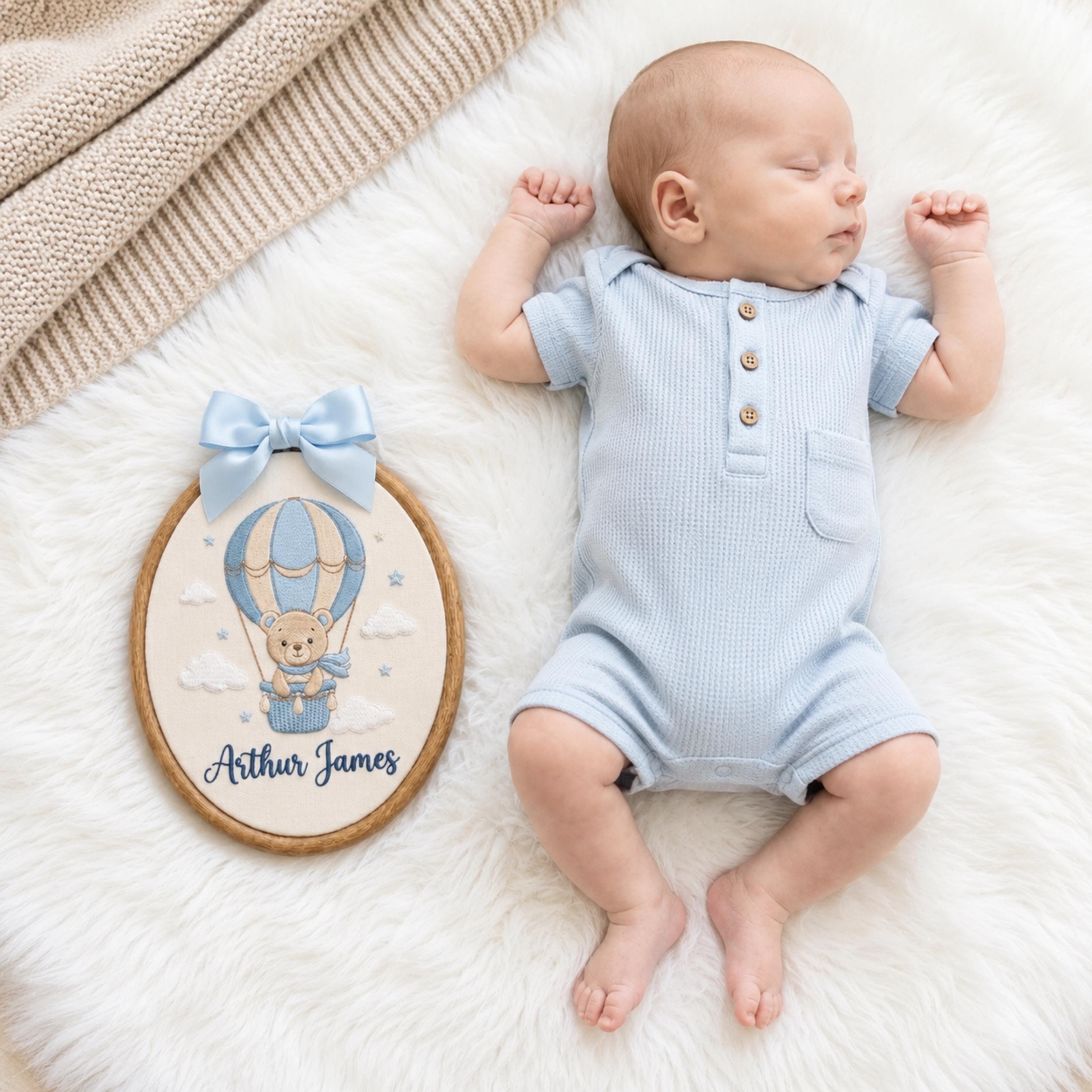 Personalized Bear Hot Air Balloon Hoop Art, Embroidered Nursery Decor, Baby Name Sign