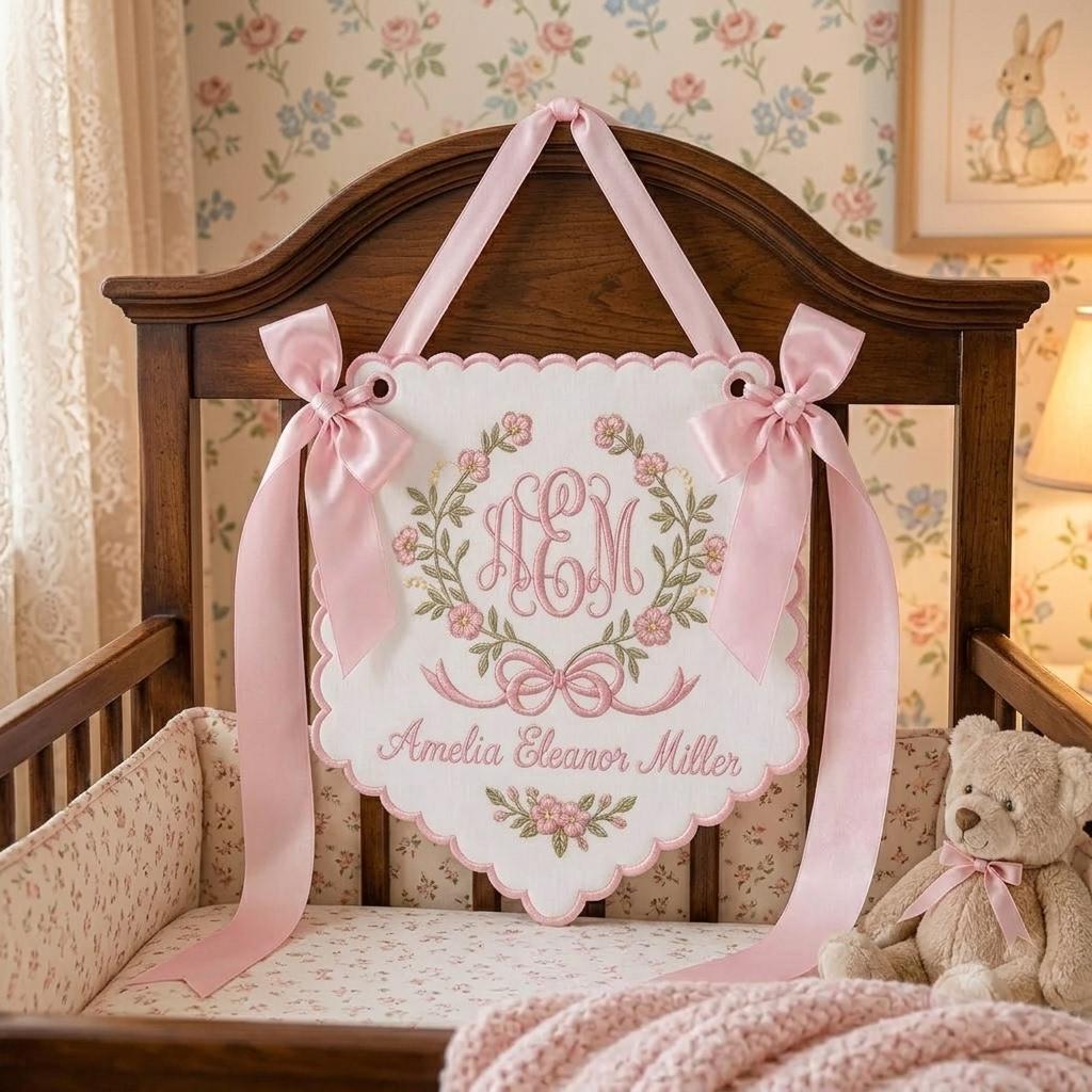 Custom Baby Banner For Hospital Door Sign & Nursery, Monogram Baby Announcement Banner, Embroidered Baby Name Banner for Baby Shower Gift