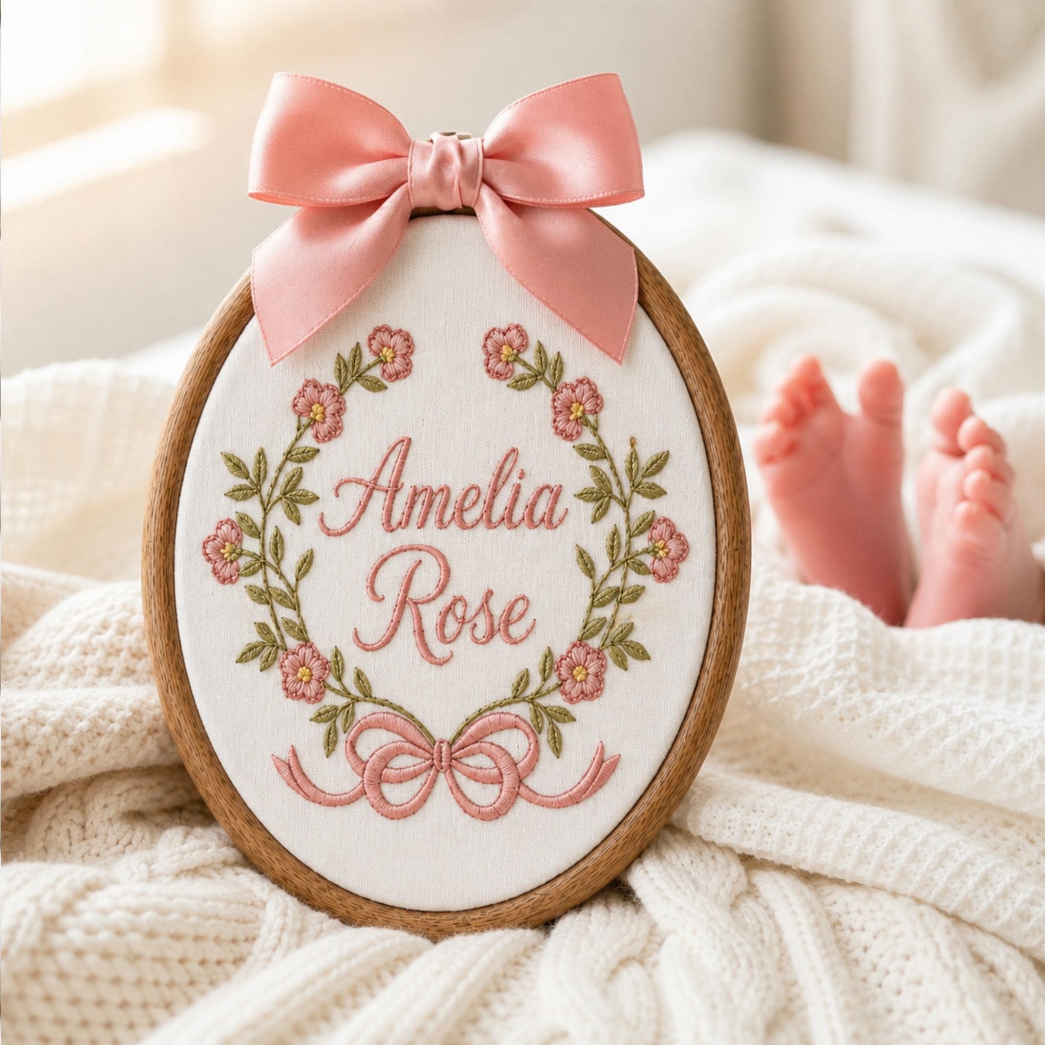 Custom Embroidered Baby Name & Flower Hoop Sign, Personalized Embroidery Baby Floral Nursery Wall Decor, Baby Announcement, Newborn Gift