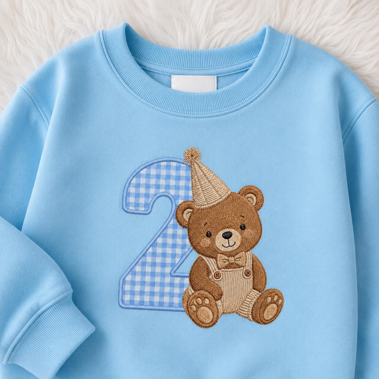 Personalized Teddy Bear 2nd Birthday Toddler Sweatshirt, Custom Number Applique Crewneck, Boy Birthday Outfit, Cake Smash Top