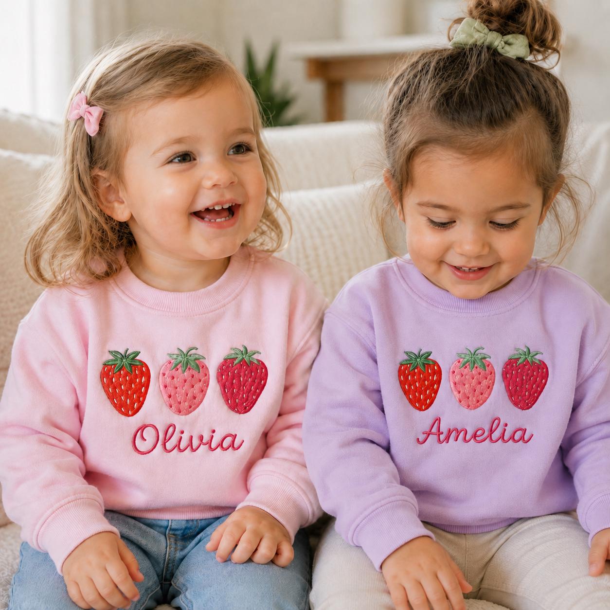 Custom Strawberry Name Toddler Sweatshirt, Embroidered Berry Crewneck, Pink Birthday Outfit Gift