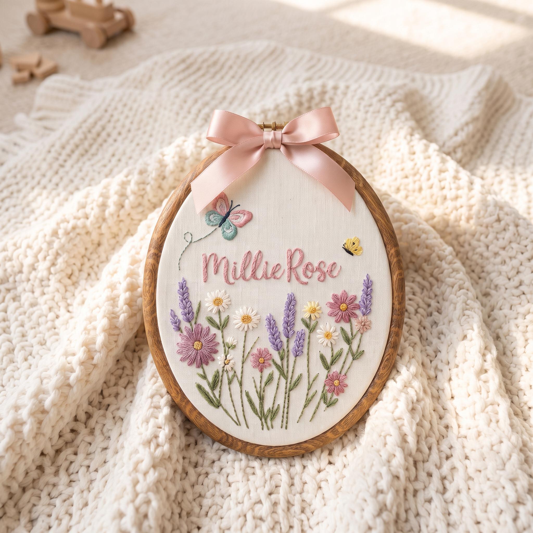 Embroidered Floral Baby Embroidery Hoop, Custom Baby Name Sign, Newborn Shower Gift, Cute Wildflower Nursery Decor, Baby Girl Gift