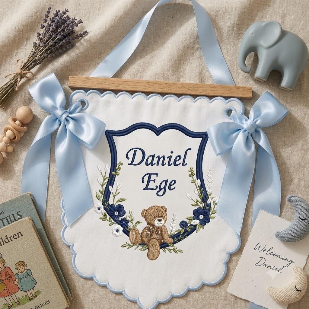 Custom Baby Boy Nursery Banner, Embroidered Teddy Bear Name Sign, Hospital Door Hanger, Personalized Newborn Shower Gift