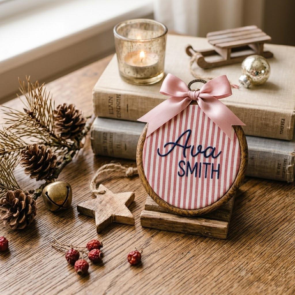 Custom Embroidered Name Ornament, Baby First Christmas Ornament, Personalized Hoop Art, Striped Fabric Gift, Nursery Decor