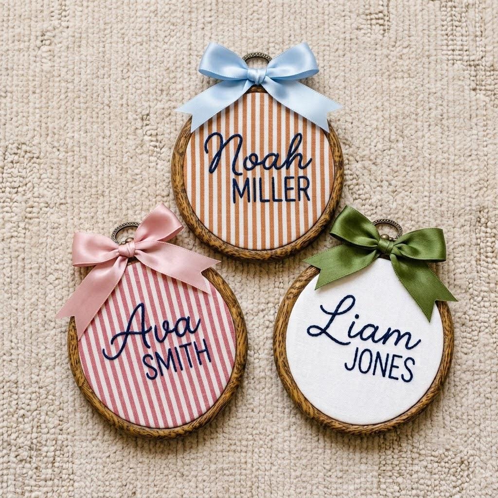 Custom Embroidered Name Ornament, Baby First Christmas Ornament, Personalized Hoop Art, Striped Fabric Gift, Nursery Decor