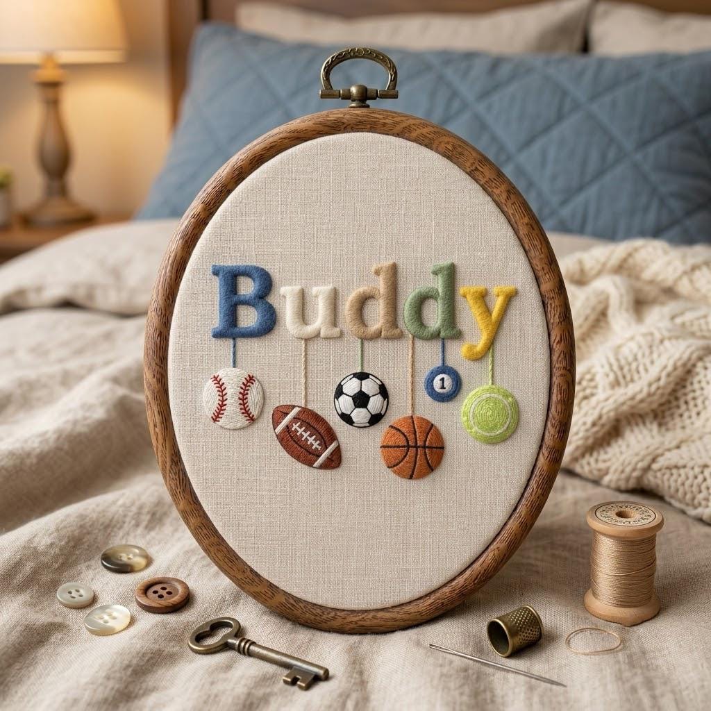 Personalized Name Embroidery Hoop, Sports Nursery Decor for Baby Boy, Custom Kids Room Sign, Baby Shower Gift, Sports Theme