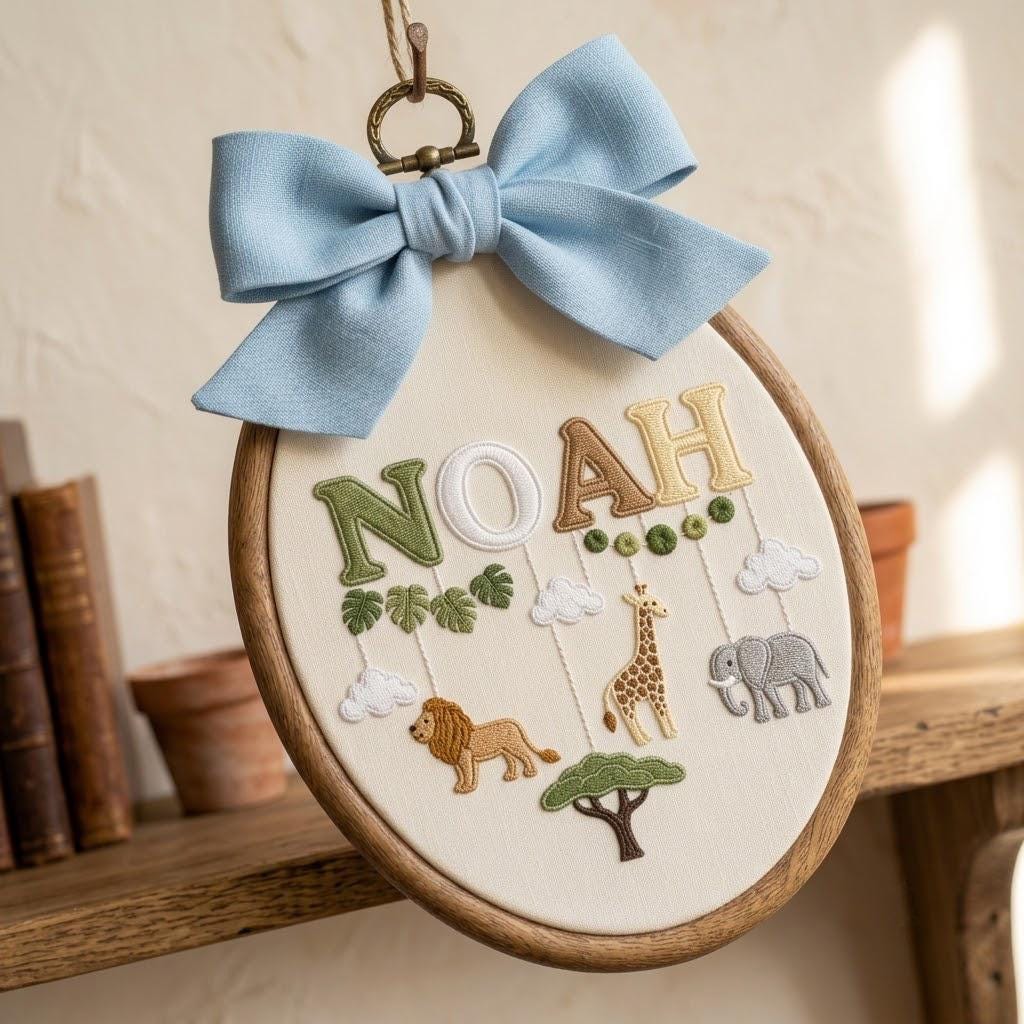 Custom Safari Nursery Decor, Embroidered Name Sign, Jungle Baby Boy Gift, Personalized Hoop Art, Newborn Keepsake, Animal Ornament