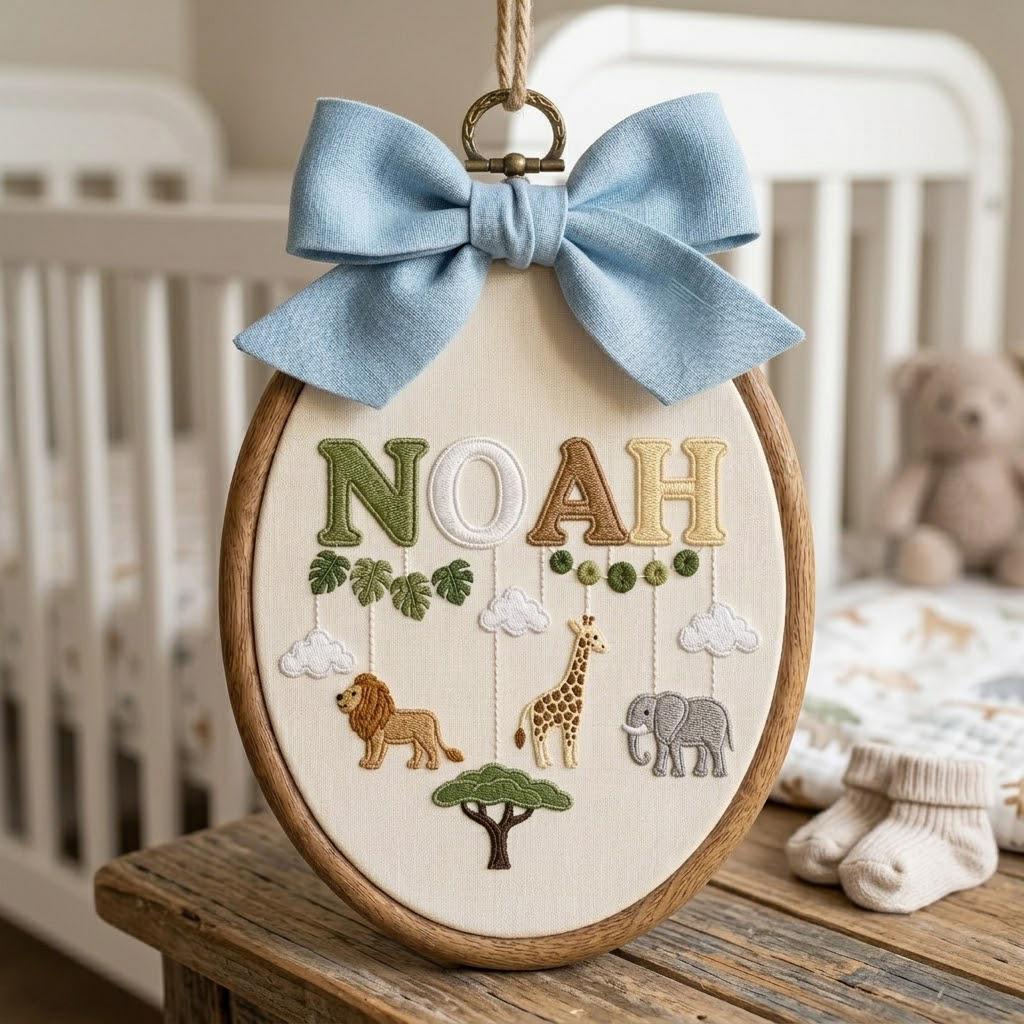 Custom Safari Nursery Decor, Embroidered Name Sign, Jungle Baby Boy Gift, Personalized Hoop Art, Newborn Keepsake, Animal Ornament