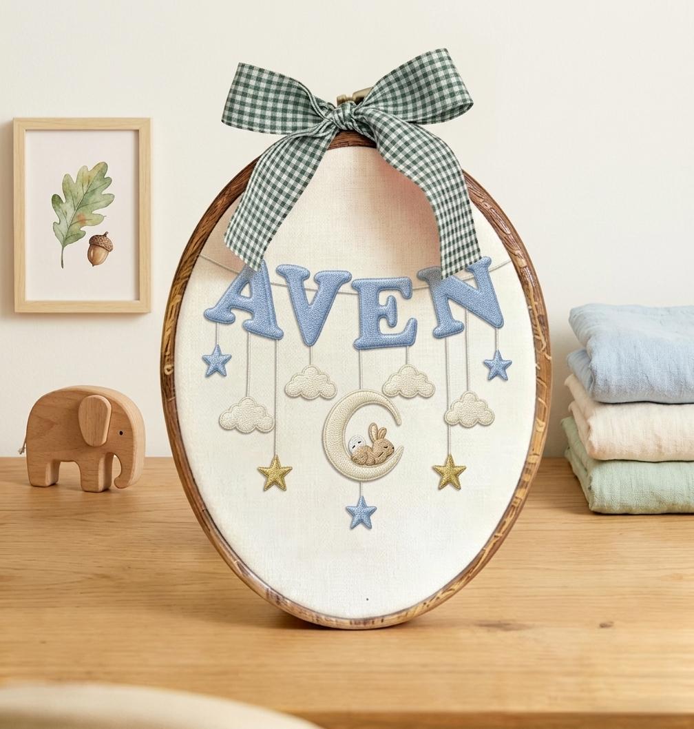 Personalized Baby Name Ornament, Embroidered Nursery Wall Decor, Moon Bunny Baby Gift, Custom Newborn Keepsake, Baby Shower Gift