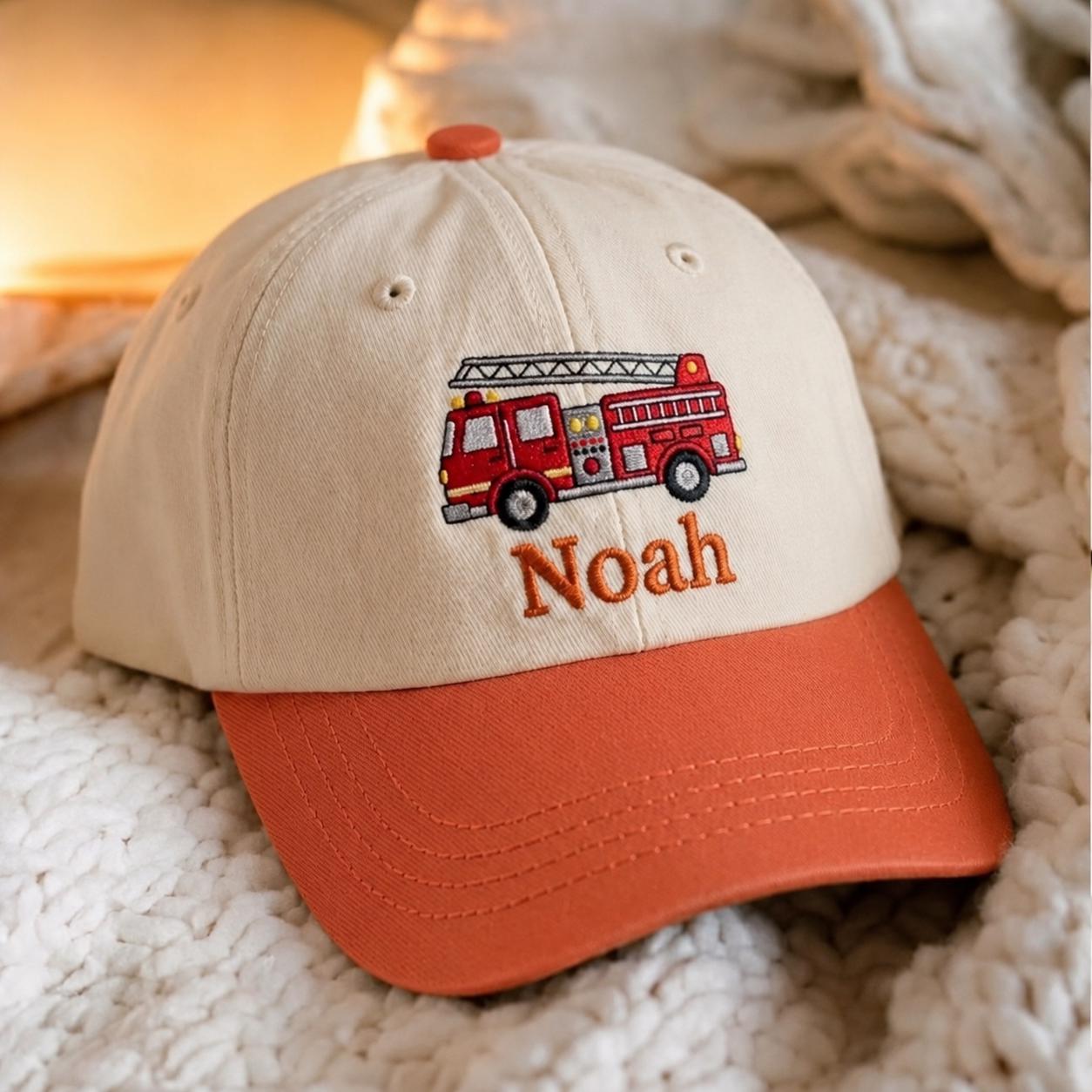 Personalized Toddler Baseball Cap with Vehicle Embroidery, Custom Name Baby Hat, Firetruck, Ambulance, Excavator, Police