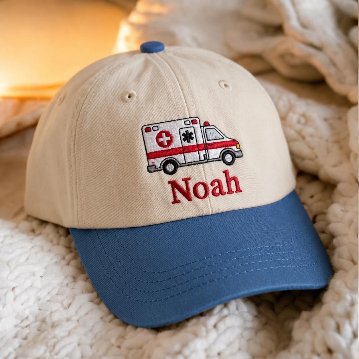 Personalized Toddler Baseball Cap with Vehicle Embroidery, Custom Name Baby Hat, Firetruck, Ambulance, Excavator, Police