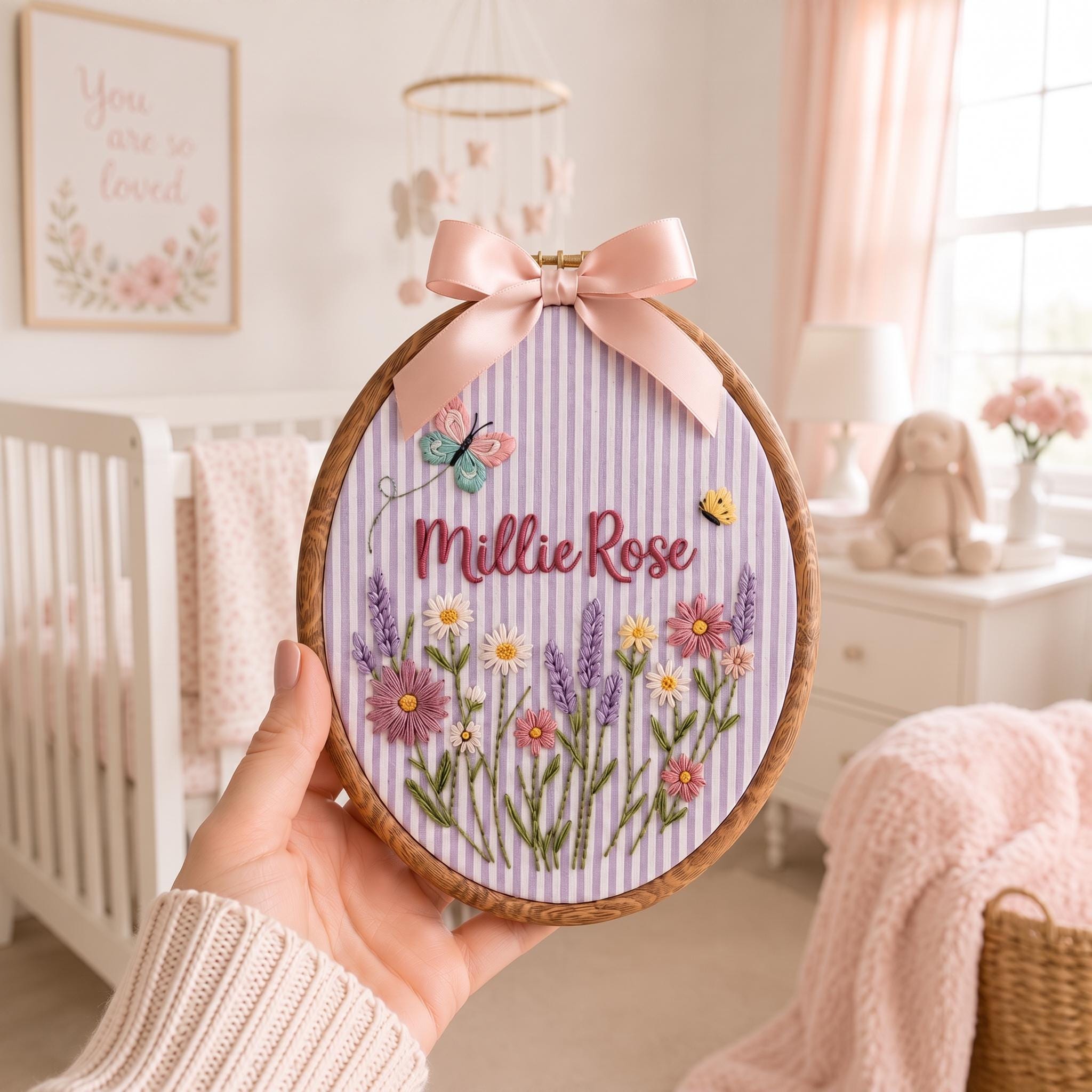 Embroidered Floral Baby Embroidery Hoop, Custom Baby Name Sign, Newborn Shower Gift, Cute Wildflower Nursery Decor, Baby Girl Gift