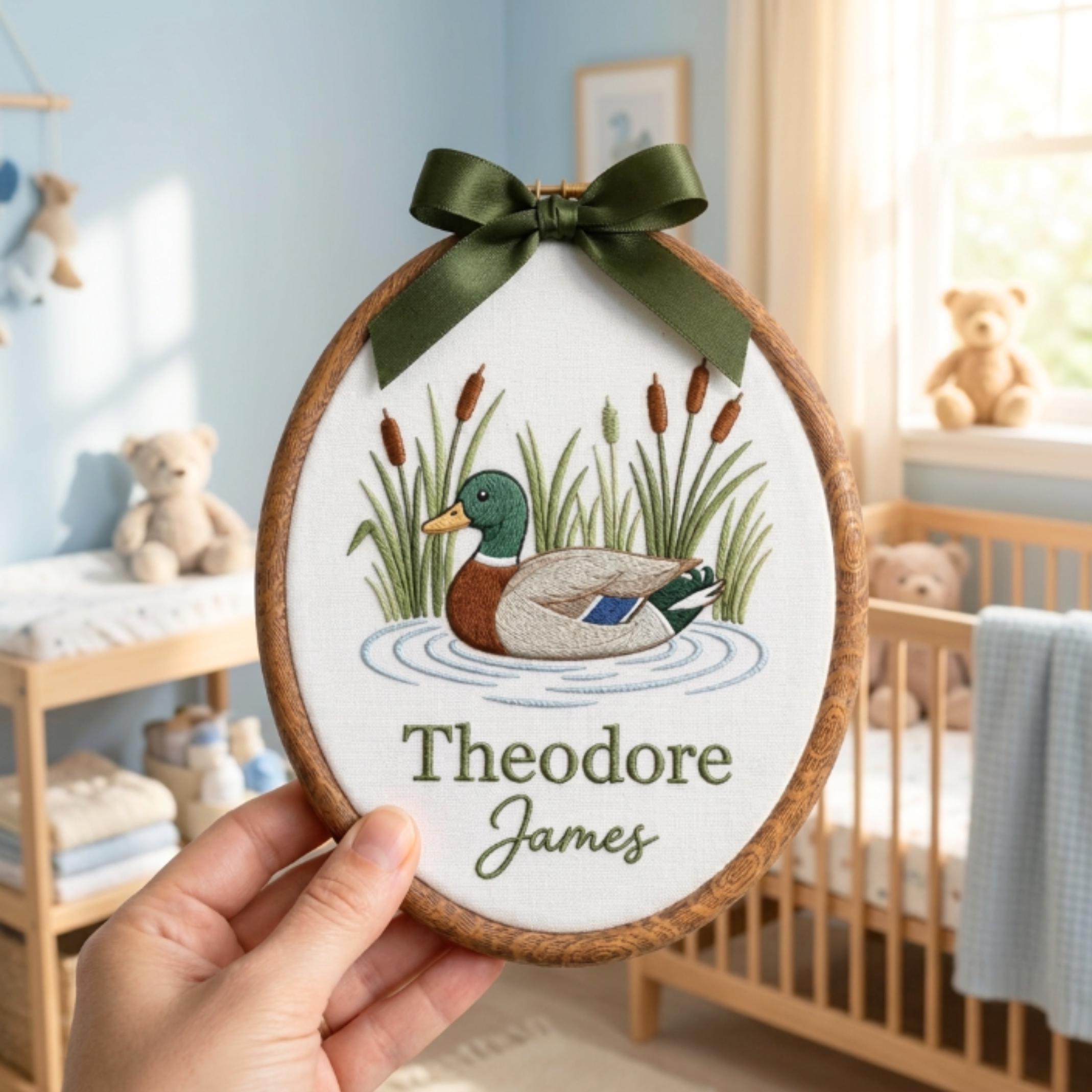 EMBROIDERED Personalized Mallard Duck Baby Name Sign, Custom Baby Announcement Sign, Animal Lover Plaque, Hospital Birth Sign, New Baby Gift