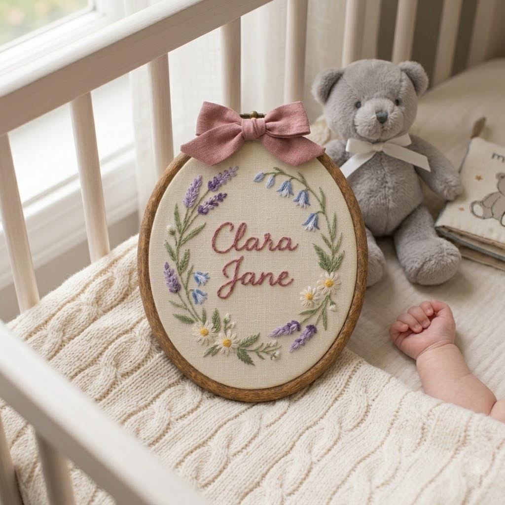 Personalized Floral Embroidery Hoop, Custom Name Embroidered Hoop Art, Baby Nursery Decor, Wildflower Wall Hanging Gift