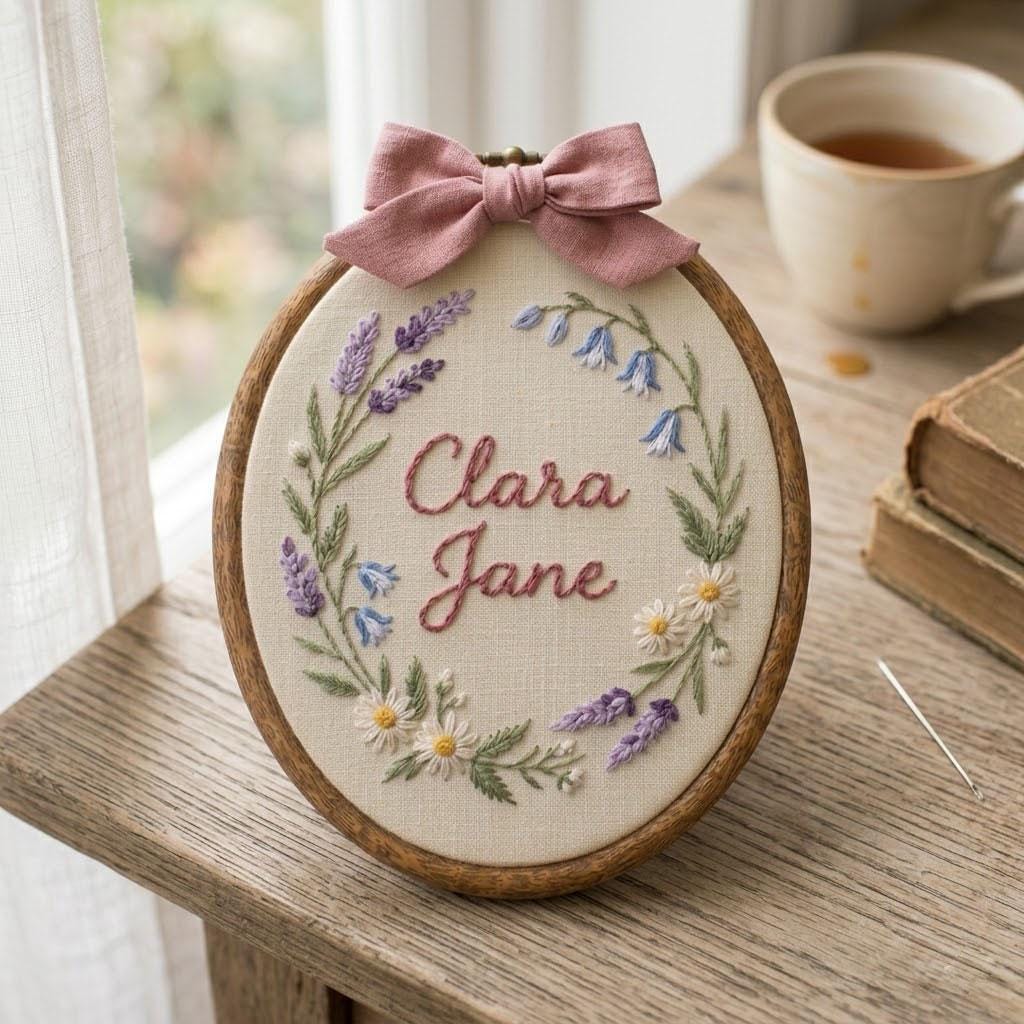 Personalized Floral Embroidery Hoop, Custom Name Embroidered Hoop Art, Baby Nursery Decor, Wildflower Wall Hanging Gift