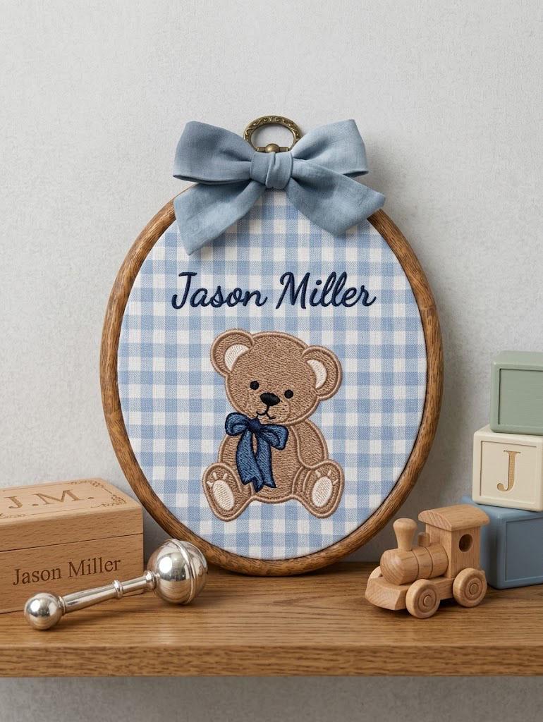 Personalized Teddy Bear Embroidery Hoop, Custom Baby Name Nursery Decor, Blue Gingham Wall Hanging, Baby Boy Shower Gift