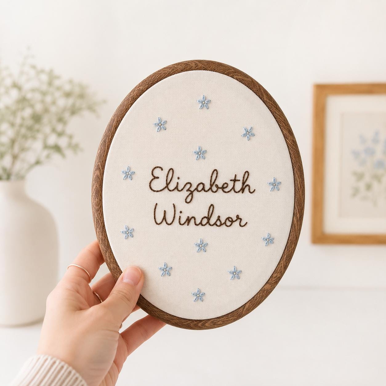 Personalized Name Embroidery Hoop, Custom Baby Name Nursery Decor, Minimalist Floral Wall Hanging, Baby Shower Gift