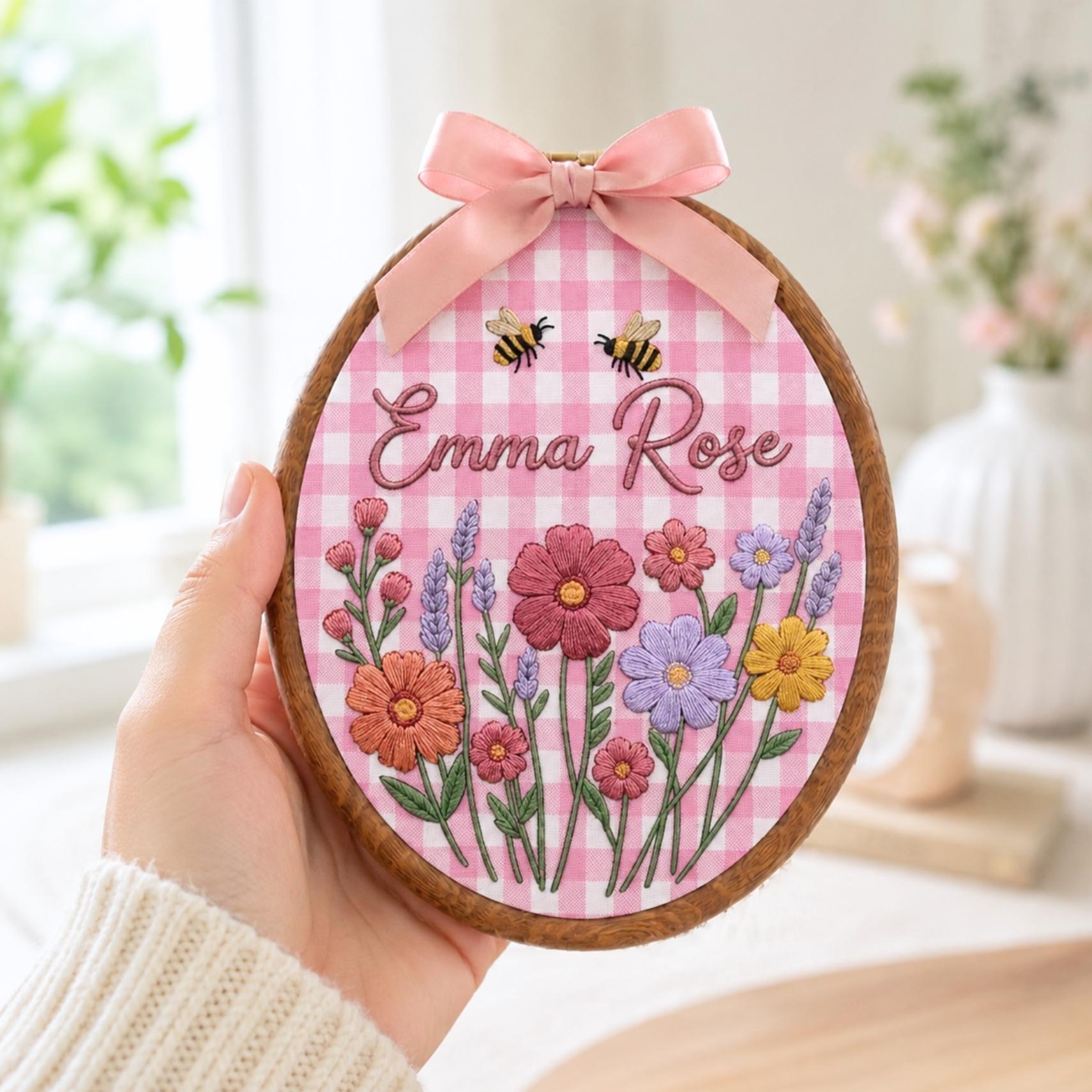 Personalized Wildflower Embroidered Baby Name Hoop, Custom Lavender Nursery Wall Decor, Floral Baby Name Sign, Baby Shower Gift,Newborn Gift