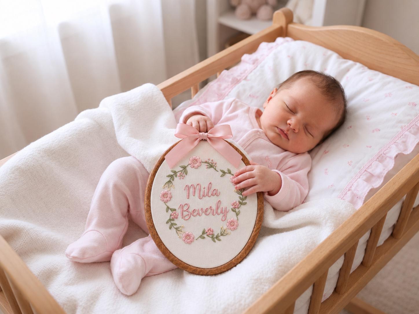 Personalized Baby Girl Name Sign, Pink Carousel Nursery Decor, Custom Embroidered Baby Name Hoop, Floral Nursery Wall Art, Baby Shower Gift