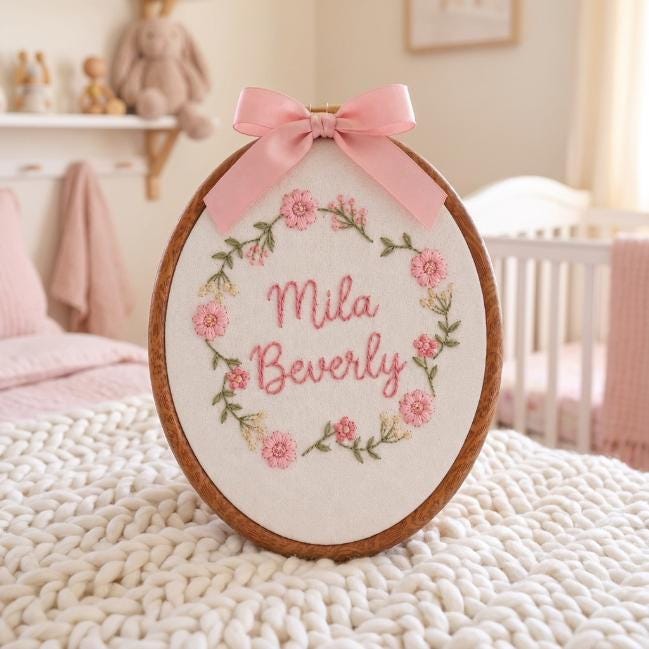 Personalized Baby Girl Name Sign, Pink Carousel Nursery Decor, Custom Embroidered Baby Name Hoop, Floral Nursery Wall Art, Baby Shower Gift