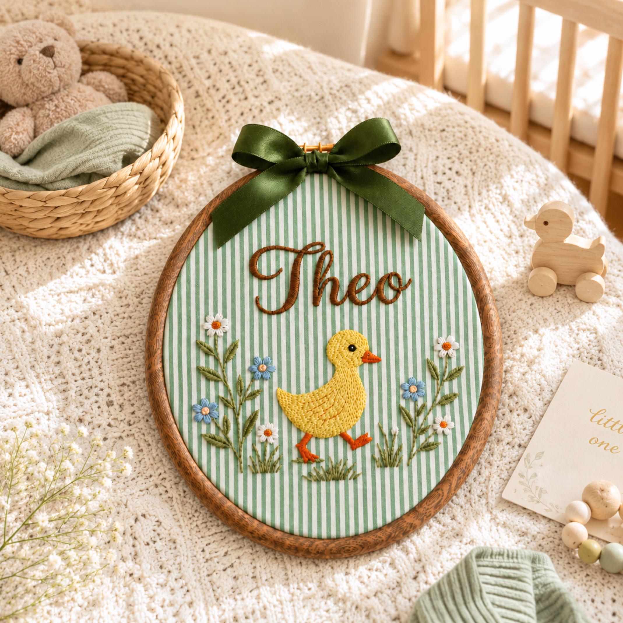 Custom Duck Embroidered Baby Name Sign, Duckling Nursery Wall Decor, Baby Name Sign, Baby Shower Gift, Nursery Decor, Newborn Keepsake