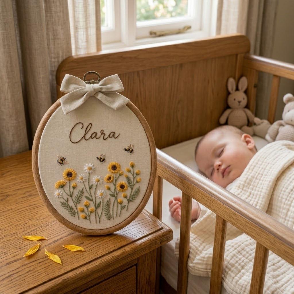 Personalized Floral Embroidery Hoop, Custom Baby Name Nursery Wall Art, Sunflower & Daisy Embroidered Decor, Baby Shower Gift