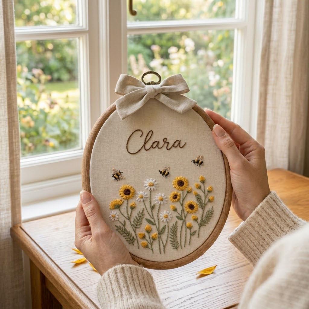 Personalized Floral Embroidery Hoop, Custom Baby Name Nursery Wall Art, Sunflower & Daisy Embroidered Decor, Baby Shower Gift