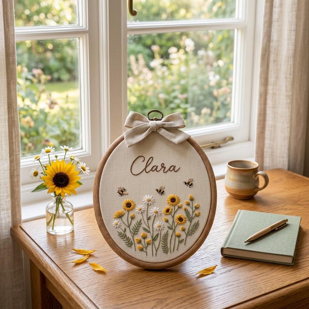 Personalized Floral Embroidery Hoop, Custom Baby Name Nursery Wall Art, Sunflower & Daisy Embroidered Decor, Baby Shower Gift