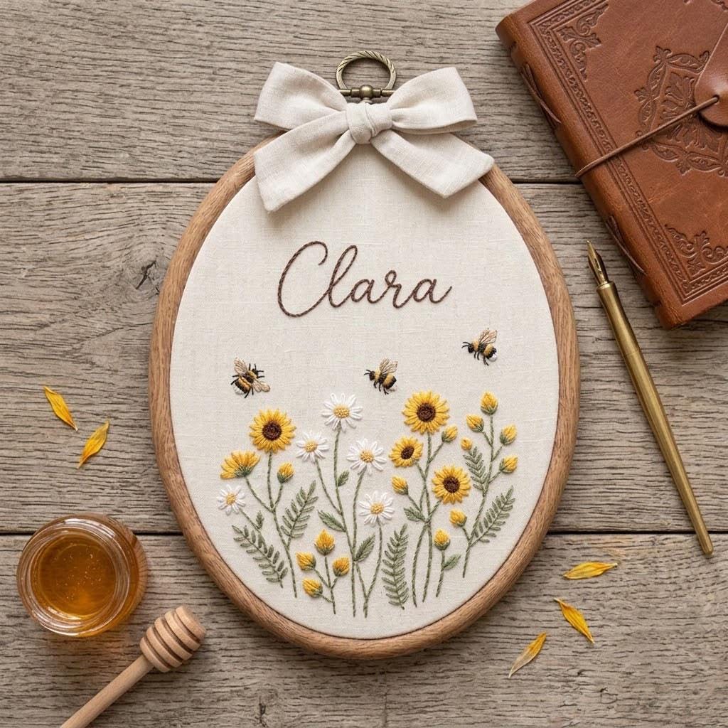 Personalized Floral Embroidery Hoop, Custom Baby Name Nursery Wall Art, Sunflower & Daisy Embroidered Decor, Baby Shower Gift