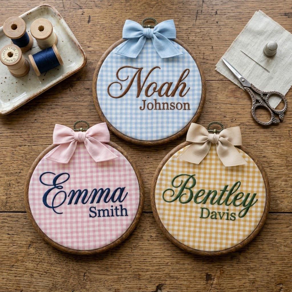 Personalized Baby Name Embroidery Hoop, Custom Gingham Nursery Wall Art, Embroidered Name Sign, Baby Shower Gift, Nursery Decor