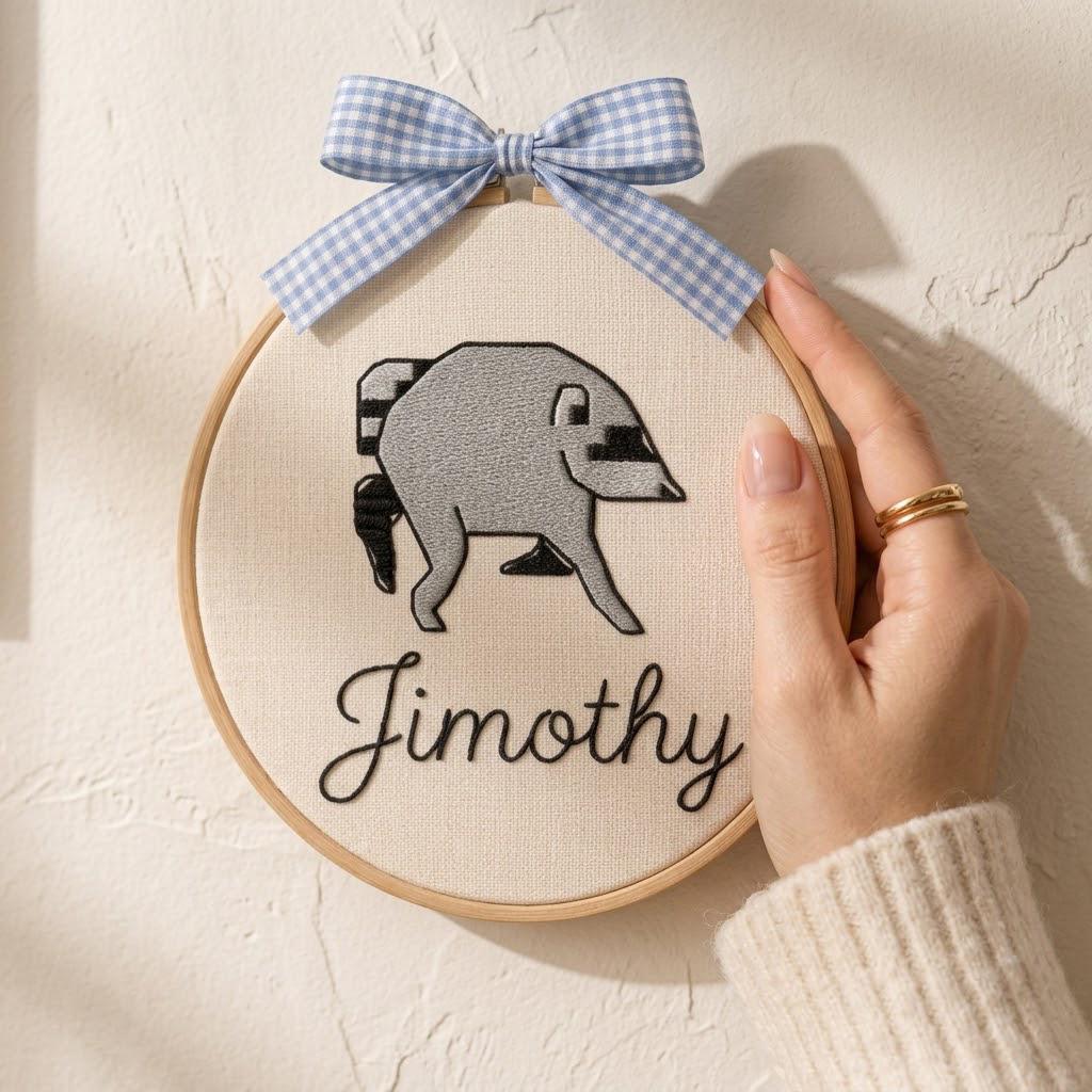 Personalized Funny Jimothy Raccoon Embroidery Hoop, Custom Name Nursery Wall Art, Quirky Animal Decor, Unique Handmade Gift