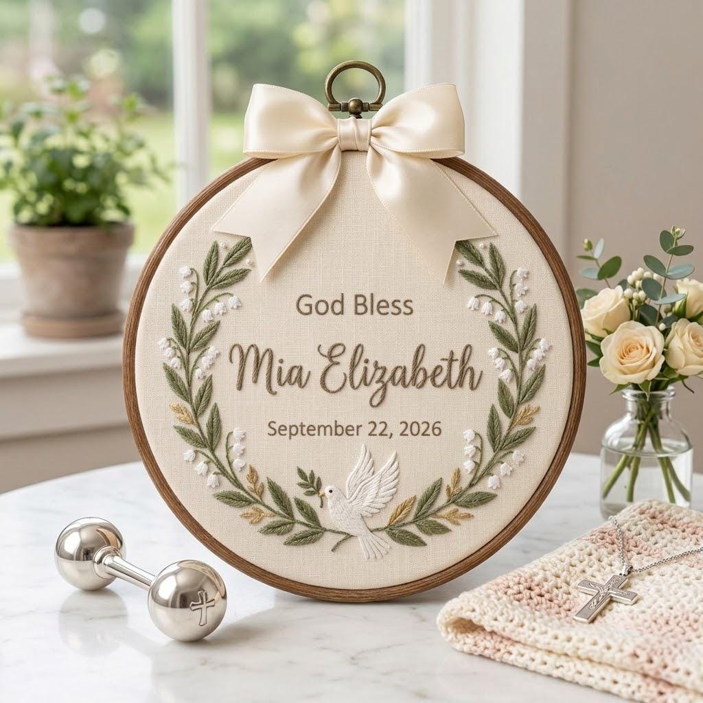 Personalized Baptism Embroidery Name Hoop, Custom Baby Name Christening Sign, Christening Day Keepsake, Nursery Decor Gift, Baby Shower Gift