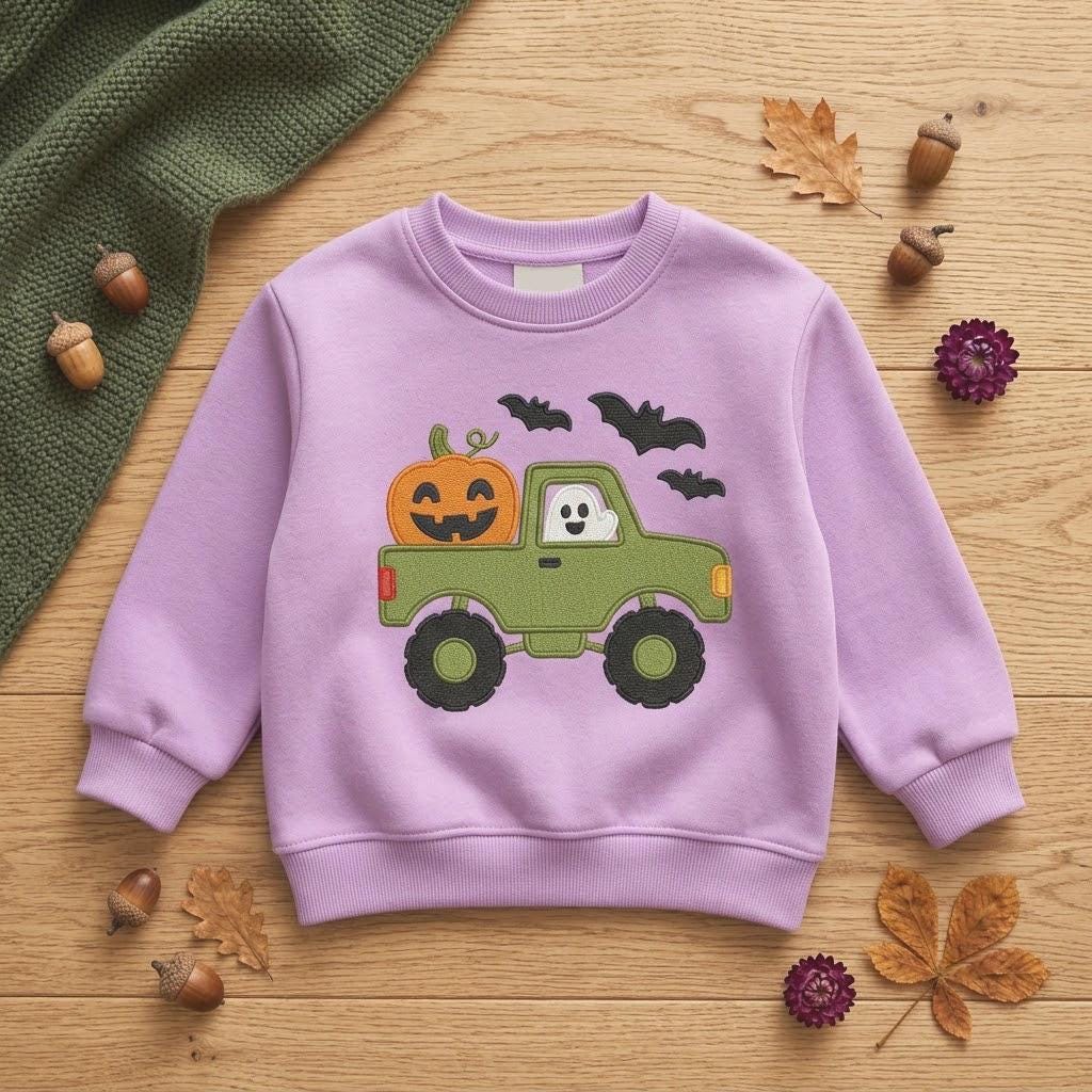 Buy 1 get 1 Halloween Embroidered Sweatshirt, Monster Truck Ghost Pumpkin Shirt, Toddler Spooky Sweater, Cute Fall Outfit