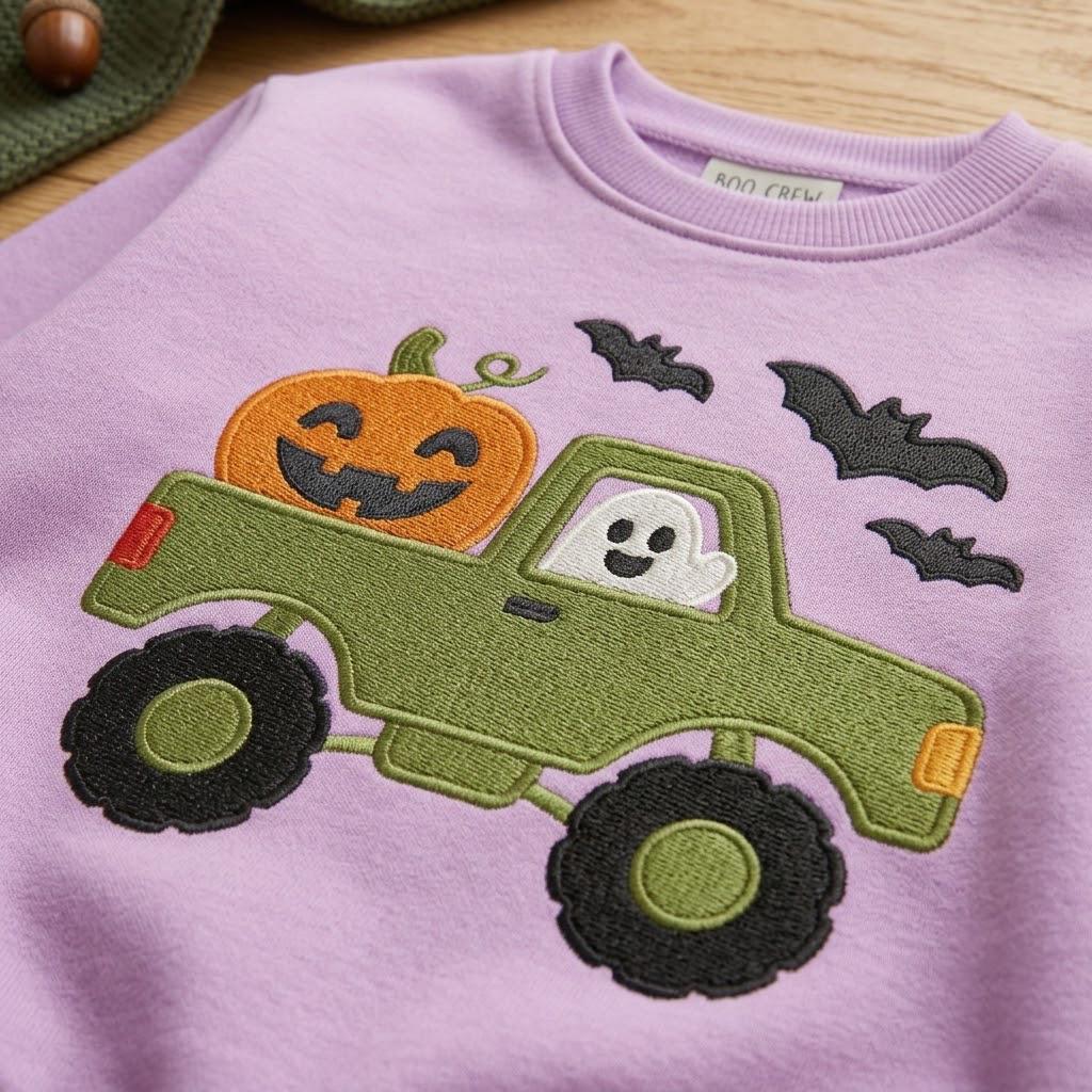 Buy 1 get 1 Halloween Embroidered Sweatshirt, Monster Truck Ghost Pumpkin Shirt, Toddler Spooky Sweater, Cute Fall Outfit