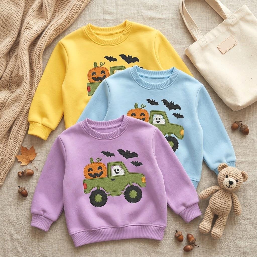 Buy 1 get 1 Halloween Embroidered Sweatshirt, Monster Truck Ghost Pumpkin Shirt, Toddler Spooky Sweater, Cute Fall Outfit